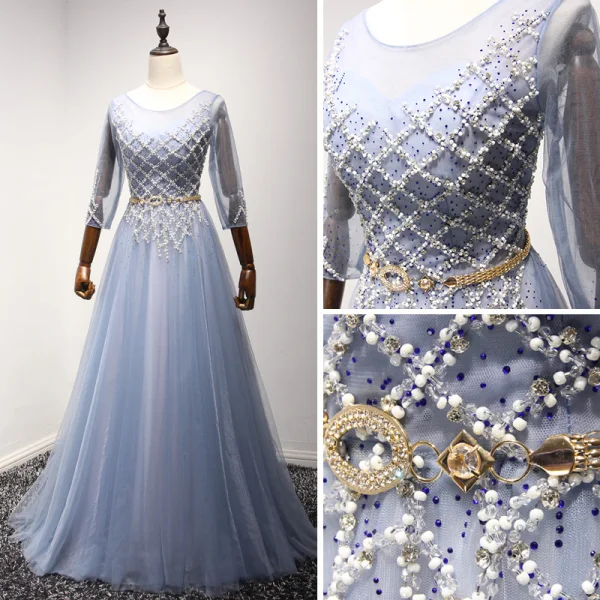 Chic / Belle Bleu Ciel Robe De Soirée 2017 Princesse Encolure Dégagée 3/4 Manches Perlage Cristal Faux Diamant Métal Ceinture Longue Volants Dos Nu Robe De Ceremonie