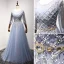Chic / Belle Bleu Ciel Robe De Soirée 2017 Princesse Encolure Dégagée 3/4 Manches Perlage Cristal Faux Diamant Métal Ceinture Longue Volants Dos Nu Robe De Ceremonie