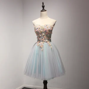 Fine Himmelen Blå Festkjoler 2017 Ballkjole Kjæreste Uten Ermer Appliques Blomst Beading Krystall Korte Buste Ryggløse Formelle Kjoler