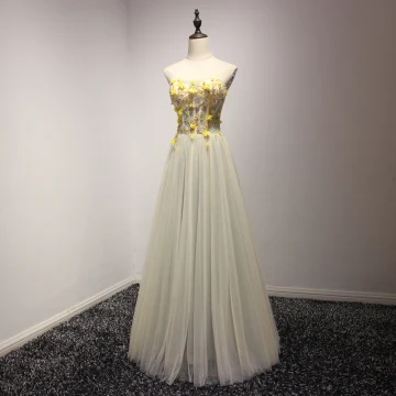 Chic Belle Vert Cendré Robe De Soirée 2017 Princesse Amoureux Sans Manches Appliques Fleur Paillettes Perlage Longue Volants Dos Nu Robe De Ceremonie