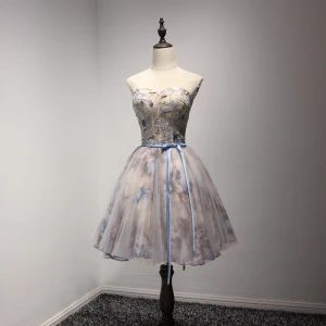 Mote Champagne Homecoming Graduation Kjoler 2017 Ballkjole Kjæreste Uten Ermer Appliques Beading Blonder Sash Printing Korte Buste Ryggløse Formelle Kjoler