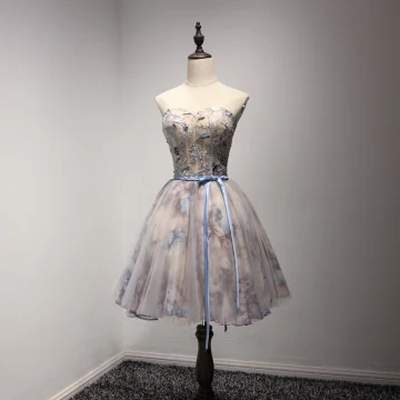 Modern Fashion Champagne Homecoming Graduation Dresses 2017 Ball Gown Sweetheart Sleeveless Appliques Beading Lace Sash Printing Short Ruffle Backless Formal Dresses