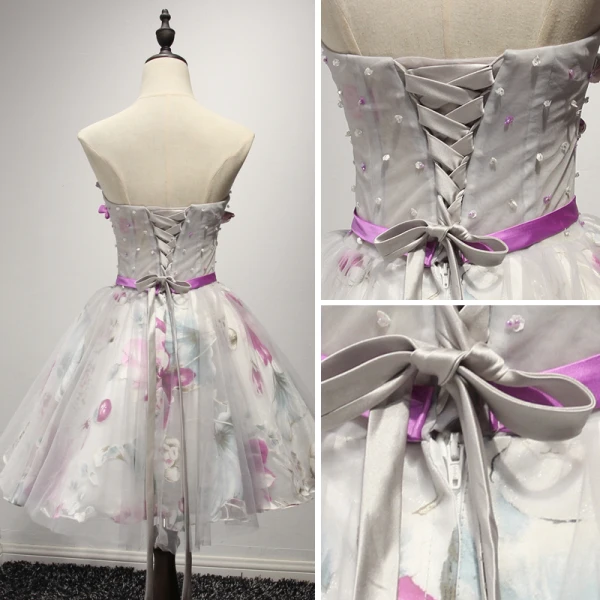 Fine Grå Homecoming Graduation Kjoler 2017 Prinsesse Kjæreste Uten Ermer Syrin Appliques Blomst Beading Paljetter Perle Printing Sash Korte Buste Ryggløse Formelle Kjoler
