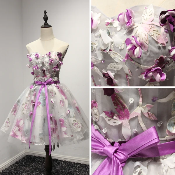 Fine Grå Homecoming Graduation Kjoler 2017 Prinsesse Kjæreste Uten Ermer Syrin Appliques Blomst Beading Paljetter Perle Printing Sash Korte Buste Ryggløse Formelle Kjoler