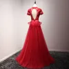 Chic / Beautiful Red Evening Dresses  2017 A-Line / Princess Scoop Neck Short Sleeve Appliques Lace Crystal Floor-Length / Long Ruffle Backless Pierced Formal Dresses