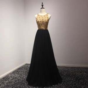 Chic Belle Doré Noire Robe De Soirée 2017 Princesse Encolure Dégagée Sans Manches Perlage Cristal Paillettes Perle Métal Ceinture Longue Dos Nu Robe De Ceremonie