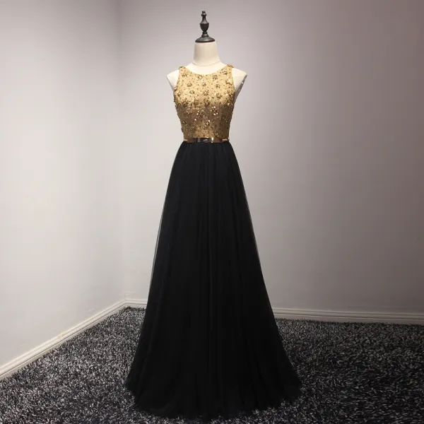 Chic / Beautiful Gold Black Evening Dresses  2017 A-Line / Princess Scoop Neck Sleeveless Beading Crystal Sequins Pearl Metal Sash Floor-Length / Long Backless Formal Dresses