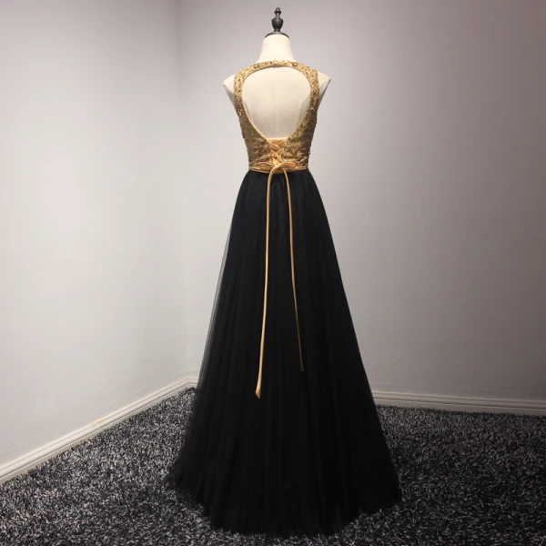 Chic / Beautiful Gold Black Evening Dresses 2017 A-Line / Princess Scoop Neck Sleeveless Beading Crystal Sequins Pearl Metal Sash Floor-Length / Long Backless Formal Dresses