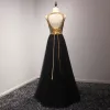 Chic / Beautiful Gold Black Evening Dresses  2017 A-Line / Princess Scoop Neck Sleeveless Beading Crystal Sequins Pearl Metal Sash Floor-Length / Long Backless Formal Dresses