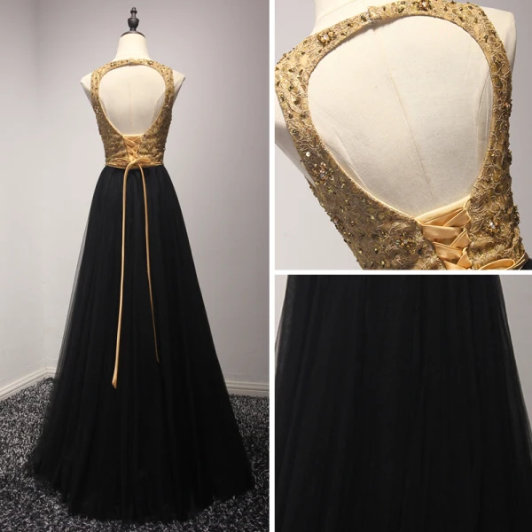 Chic / Beautiful Gold Black Evening Dresses 2017 A-Line / Princess Scoop Neck Sleeveless Beading Crystal Sequins Pearl Metal Sash Floor-Length / Long Backless Formal Dresses