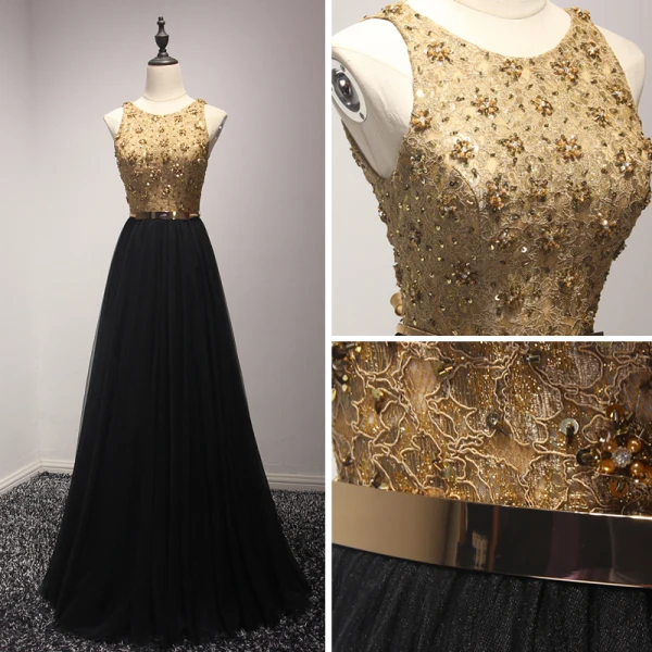Chic / Beautiful Gold Black Evening Dresses 2017 A-Line / Princess Scoop Neck Sleeveless Beading Crystal Sequins Pearl Metal Sash Floor-Length / Long Backless Formal Dresses