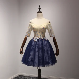 Chic Beautiful Champagne Ink Blue Homecoming Graduation Dresses 2017 Ball Gown Off The Shoulder 1 2 Sleeves Appliques Flower Beading Crystal Sequins Pearl Short Ruffle Backless Formal Dresses