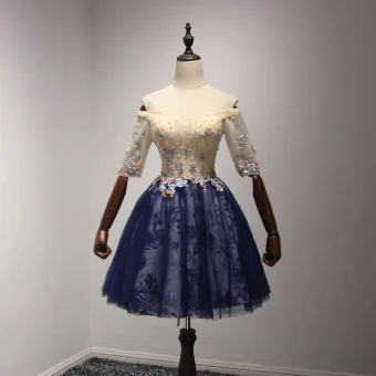 Chic Belle Champagne Bleu D 039 Encre De Retour Robe De Graduation 2017 Robe Boule De L Épaule 1 2 Manches Appliques Fleur Perlage Cristal Paillettes Perle Courte Volants Dos Nu Robe De Ceremonie