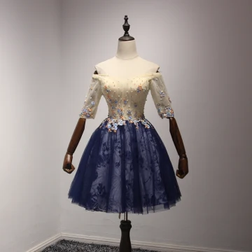 Chic Beautiful Champagne Ink Blue Homecoming Graduation Dresses 2017 Ball Gown Off The Shoulder 1 2 Sleeves Appliques Flower Beading Crystal Sequins Pearl Short Ruffle Backless Formal Dresses