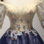 Chic / Belle Champagne Bleu D'encre de retour Robe De Graduation 2017 Robe Boule De l'épaule 1/2 Manches Appliques Fleur Perlage Cristal Paillettes Perle Courte Volants Dos Nu Robe De Ceremonie