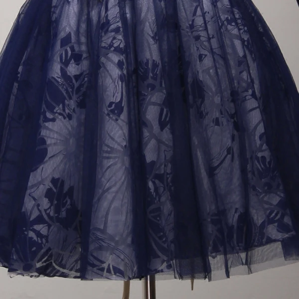 Chic / Belle Champagne Bleu D'encre de retour Robe De Graduation 2017 Robe Boule De l'épaule 1/2 Manches Appliques Fleur Perlage Cristal Paillettes Perle Courte Volants Dos Nu Robe De Ceremonie