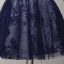Chic / Belle Champagne Bleu D'encre de retour Robe De Graduation 2017 Robe Boule De l'épaule 1/2 Manches Appliques Fleur Perlage Cristal Paillettes Perle Courte Volants Dos Nu Robe De Ceremonie