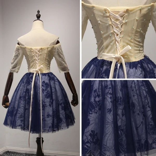 Chic / Belle Champagne Bleu D'encre de retour Robe De Graduation 2017 Robe Boule De l'épaule 1/2 Manches Appliques Fleur Perlage Cristal Paillettes Perle Courte Volants Dos Nu Robe De Ceremonie