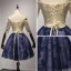 Chic / Belle Champagne Bleu D'encre de retour Robe De Graduation 2017 Robe Boule De l'épaule 1/2 Manches Appliques Fleur Perlage Cristal Paillettes Perle Courte Volants Dos Nu Robe De Ceremonie
