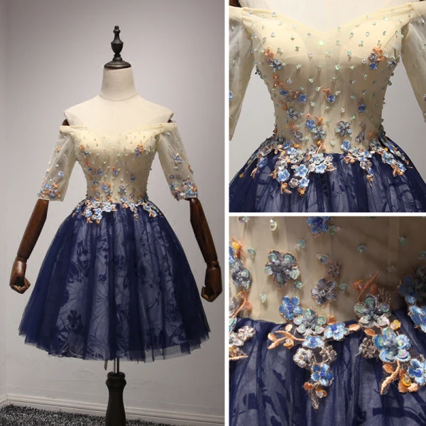 Chic / Belle Champagne Bleu D'encre de retour Robe De Graduation 2017 Robe Boule De l'épaule 1/2 Manches Appliques Fleur Perlage Cristal Paillettes Perle Courte Volants Dos Nu Robe De Ceremonie
