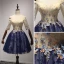 Chic / Belle Champagne Bleu D'encre de retour Robe De Graduation 2017 Robe Boule De l'épaule 1/2 Manches Appliques Fleur Perlage Cristal Paillettes Perle Courte Volants Dos Nu Robe De Ceremonie