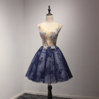 Chic Belle Champagne Bleu D 039 Encre Robe De Fete 2017 Robe Boule V Cou Sans Manches Appliques Fleur Perlage Cristal Paillettes Perle Courte Volants Dos Nu Robe De Ceremonie