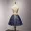 Chic / Belle Champagne Bleu D'encre Robe De Fete 2017 Robe Boule V-Cou Sans Manches Appliques Fleur Perlage Cristal Paillettes Perle Courte Volants Dos Nu Robe De Ceremonie