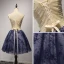 Chic / Belle Champagne Bleu D'encre Robe De Fete 2017 Robe Boule V-Cou Sans Manches Appliques Fleur Perlage Cristal Paillettes Perle Courte Volants Dos Nu Robe De Ceremonie