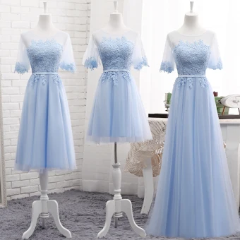 Chic Belle Bleu Ciel Transparentes Été Robe Demoiselle D 039 Honneur 2018 Princesse Encolure Dégagée Manches Courtes Appliques En Dentelle Ceinture Volants Dos Nu Robe Pour Mariage