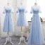 Chic / Belle Bleu Ciel Transparentes Été Robe Demoiselle D'honneur 2018 Princesse Encolure Dégagée Manches Courtes Appliques En Dentelle Ceinture Volants Dos Nu Robe Pour Mariage