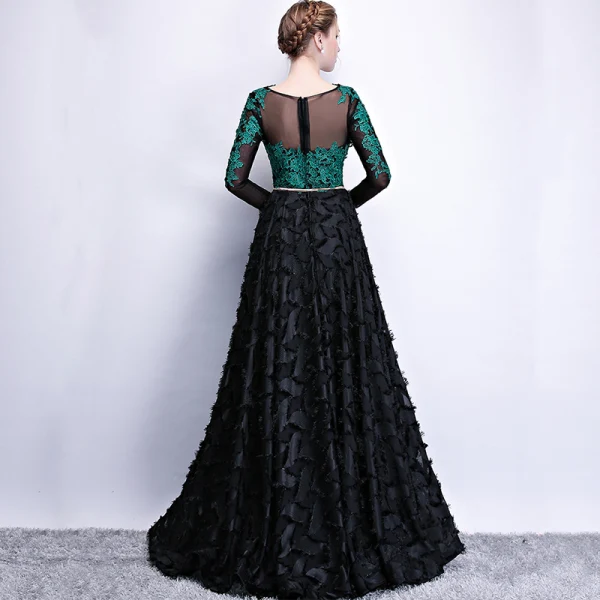 Chic / Beautiful Black Dark Green See-through Prom Dresses 2018 A-Line / Princess Scoop Neck Long Sleeve Appliques Lace Metal Sash Floor-Length / Long Ruffle Formal Dresses