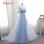Chic / Belle Bleu Ciel Transparentes Été Robe Demoiselle D'honneur 2018 Princesse Encolure Dégagée Manches Courtes Appliques En Dentelle Ceinture Volants Dos Nu Robe Pour Mariage