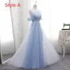 Chic / Beautiful Sky Blue See-through Summer Bridesmaid Dresses 2018 A-Line / Princess Scoop Neck Short Sleeve Appliques Lace Sash Ruffle Backless Wedding Party Dresses