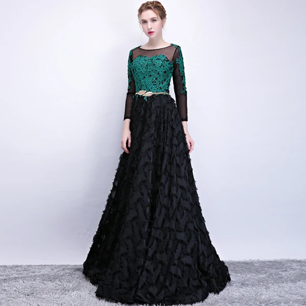 Chic / Beautiful Black Dark Green See-through Prom Dresses 2018 A-Line / Princess Scoop Neck Long Sleeve Appliques Lace Metal Sash Floor-Length / Long Ruffle Formal Dresses