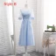 Chic / Belle Bleu Ciel Transparentes Été Robe Demoiselle D'honneur 2018 Princesse Encolure Dégagée Manches Courtes Appliques En Dentelle Ceinture Volants Dos Nu Robe Pour Mariage