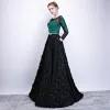 Chic / Beautiful Black Dark Green See-through Prom Dresses 2018 A-Line / Princess Scoop Neck Long Sleeve Appliques Lace Metal Sash Floor-Length / Long Ruffle Formal Dresses