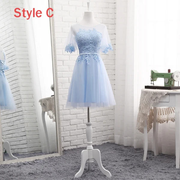 Chic / Belle Bleu Ciel Transparentes Été Robe Demoiselle D'honneur 2018 Princesse Encolure Dégagée Manches Courtes Appliques En Dentelle Ceinture Volants Dos Nu Robe Pour Mariage