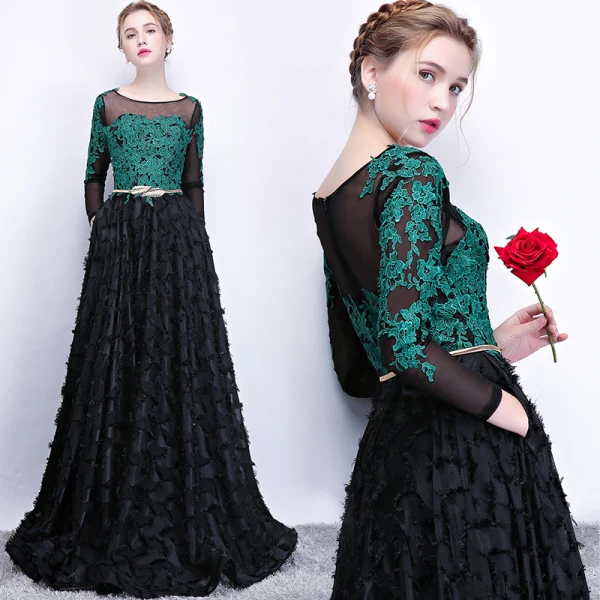 Chic / Beautiful Black Dark Green See-through Prom Dresses 2018 A-Line / Princess Scoop Neck Long Sleeve Appliques Lace Metal Sash Floor-Length / Long Ruffle Formal Dresses