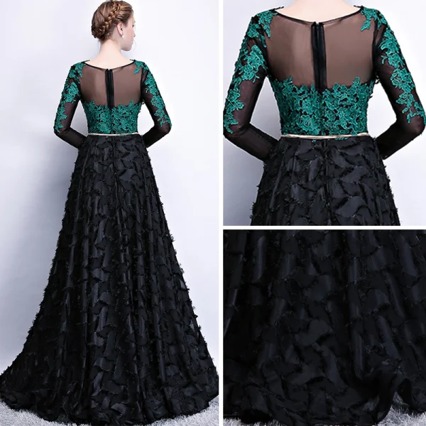 Chic / Beautiful Black Dark Green See-through Prom Dresses 2018 A-Line / Princess Scoop Neck Long Sleeve Appliques Lace Metal Sash Floor-Length / Long Ruffle Formal Dresses