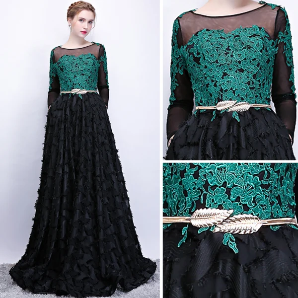 Chic / Beautiful Black Dark Green See-through Prom Dresses 2018 A-Line / Princess Scoop Neck Long Sleeve Appliques Lace Metal Sash Floor-Length / Long Ruffle Formal Dresses