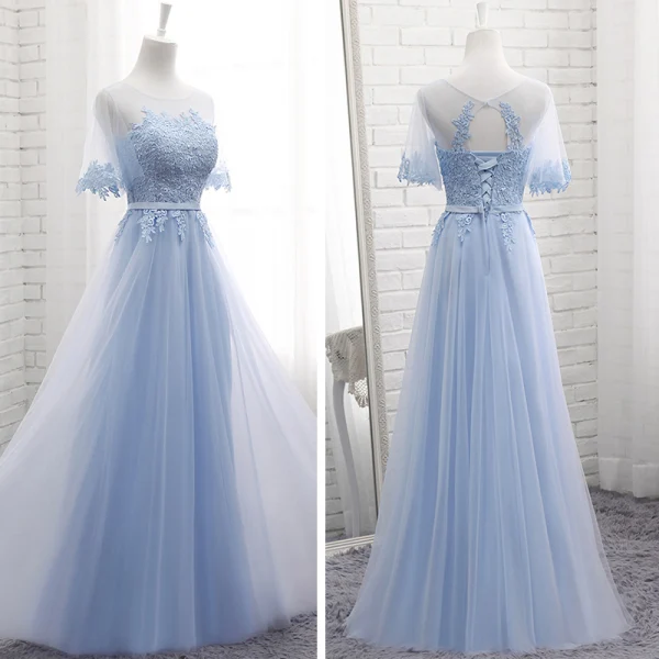 Chic / Belle Bleu Ciel Transparentes Été Robe Demoiselle D'honneur 2018 Princesse Encolure Dégagée Manches Courtes Appliques En Dentelle Ceinture Volants Dos Nu Robe Pour Mariage