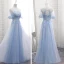 Chic / Belle Bleu Ciel Transparentes Été Robe Demoiselle D'honneur 2018 Princesse Encolure Dégagée Manches Courtes Appliques En Dentelle Ceinture Volants Dos Nu Robe Pour Mariage
