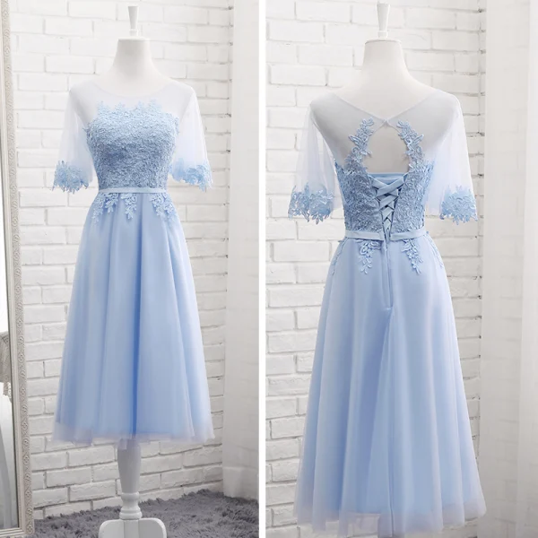 Chic / Belle Bleu Ciel Transparentes Été Robe Demoiselle D'honneur 2018 Princesse Encolure Dégagée Manches Courtes Appliques En Dentelle Ceinture Volants Dos Nu Robe Pour Mariage