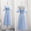 Chic / Belle Bleu Ciel Transparentes Été Robe Demoiselle D'honneur 2018 Princesse Encolure Dégagée Manches Courtes Appliques En Dentelle Ceinture Volants Dos Nu Robe Pour Mariage