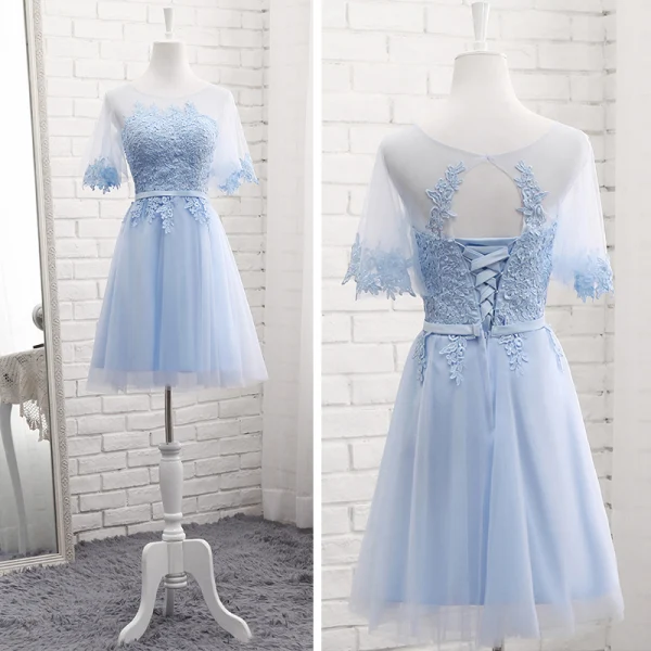 Chic / Belle Bleu Ciel Transparentes Été Robe Demoiselle D'honneur 2018 Princesse Encolure Dégagée Manches Courtes Appliques En Dentelle Ceinture Volants Dos Nu Robe Pour Mariage