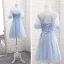 Chic / Belle Bleu Ciel Transparentes Été Robe Demoiselle D'honneur 2018 Princesse Encolure Dégagée Manches Courtes Appliques En Dentelle Ceinture Volants Dos Nu Robe Pour Mariage