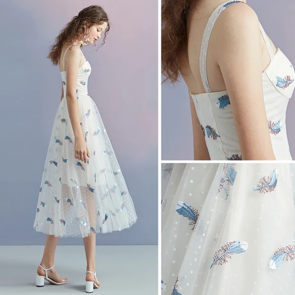 Chic / Belle Ivoire Été de retour Robe De Graduation 2018 Princesse épaules Sans Manches Tachetée Impression Thé Longueur Volants Dos Nu Robe De Ceremonie
