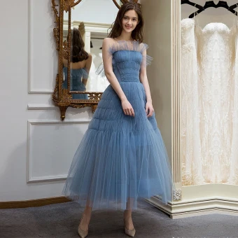 Elegant Ocean Blue Summer Homecoming Graduation Dresses 2018 A Line Princess Strapless Sleeveless Tea Length Ruffle Backless Formal Dresses