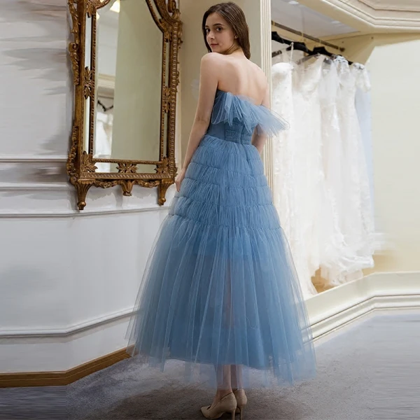 Elegant Ocean Blue Summer Homecoming Graduation Dresses 2018 A-Line / Princess Strapless Sleeveless Tea-length Ruffle Backless Formal Dresses