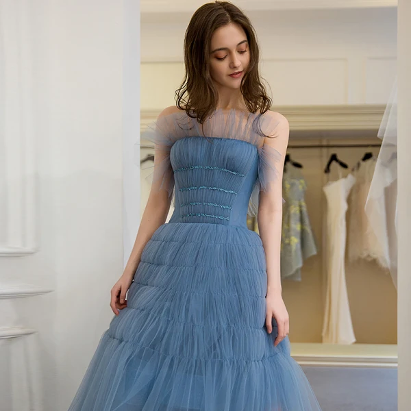 Elegant Ocean Blue Summer Homecoming Graduation Dresses 2018 A-Line / Princess Strapless Sleeveless Tea-length Ruffle Backless Formal Dresses